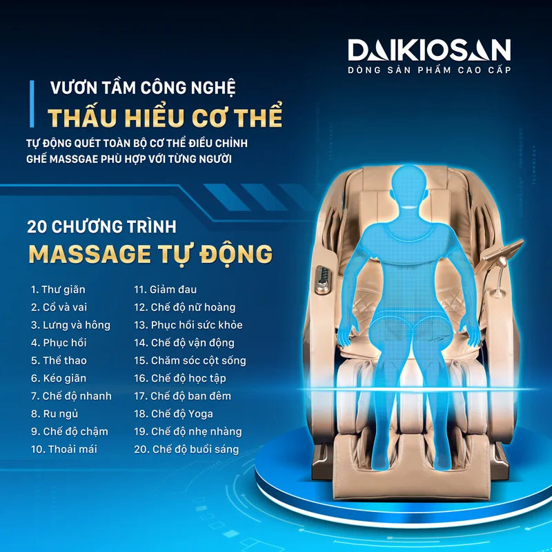 Ghế massage Daikiosan DKGM-30002 là sự kết hợp thông minh giữa trị liệu truyền thống Đông Y và công nghệ massage 4D tân tiến. Sản phẩm này mang đến một trải nghiệm massage hoàn hảo và tạo ra không gian thư giãn riêng tư tại nhà cho người dùng.