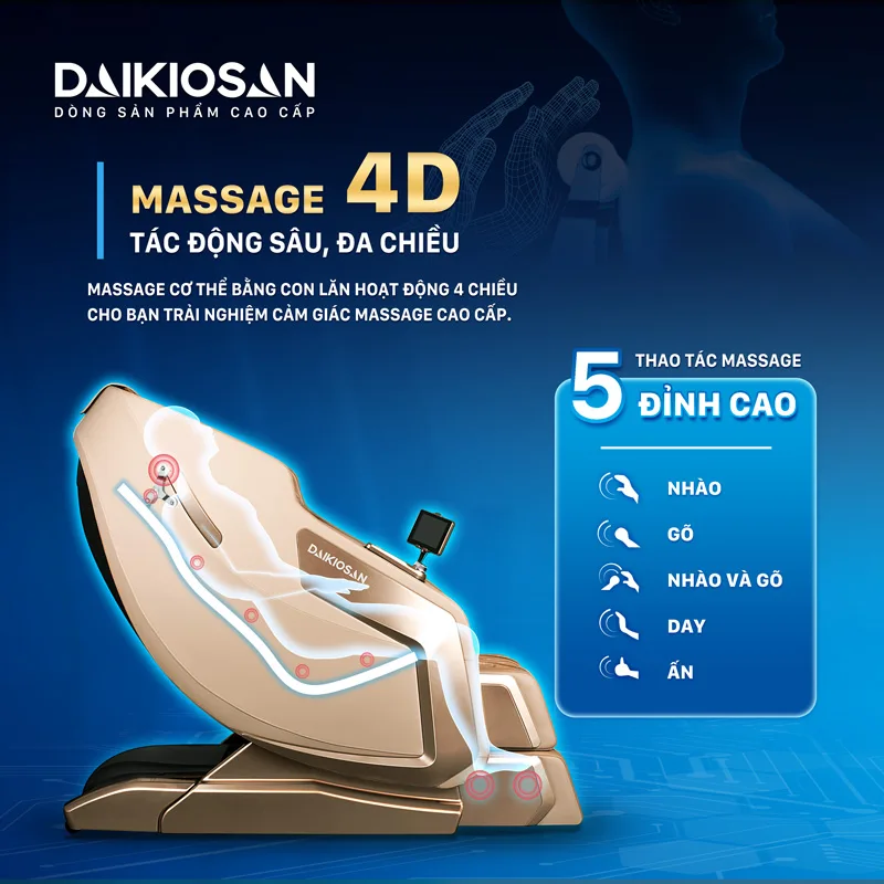 Ghế massage Daikiosan DKGM-30002 là sự kết hợp thông minh giữa trị liệu truyền thống Đông Y và công nghệ massage 4D tân tiến. Sản phẩm này mang đến một trải nghiệm massage hoàn hảo và tạo ra không gian thư giãn riêng tư tại nhà cho người dùng.