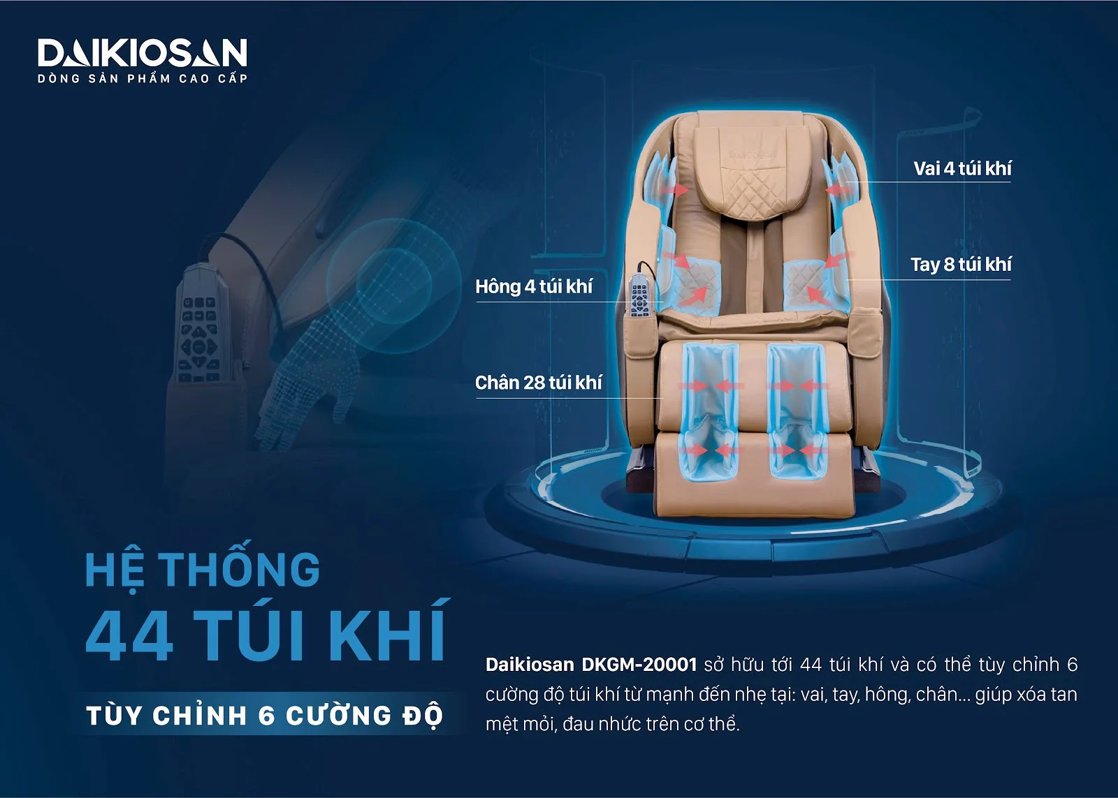 Ghế massage Daikiosan DVGM-20001 là sự lựa chọn hàng đầu cho sức khỏe, tổ hợp giữa trị liệu Đông Y truyền thống, công nghệ thông minh AI 4.0 và công nghệ massage 3D chuyên sâu. Bên cạnh đó, sản phẩm còn khẳng định vị thế thương gia với việc sử dụng chất liệu da cao cấp đặc biệt được sử dụng trong các siêu xe hạng sang, kết hợp với nhiều tính năng hiện đại.