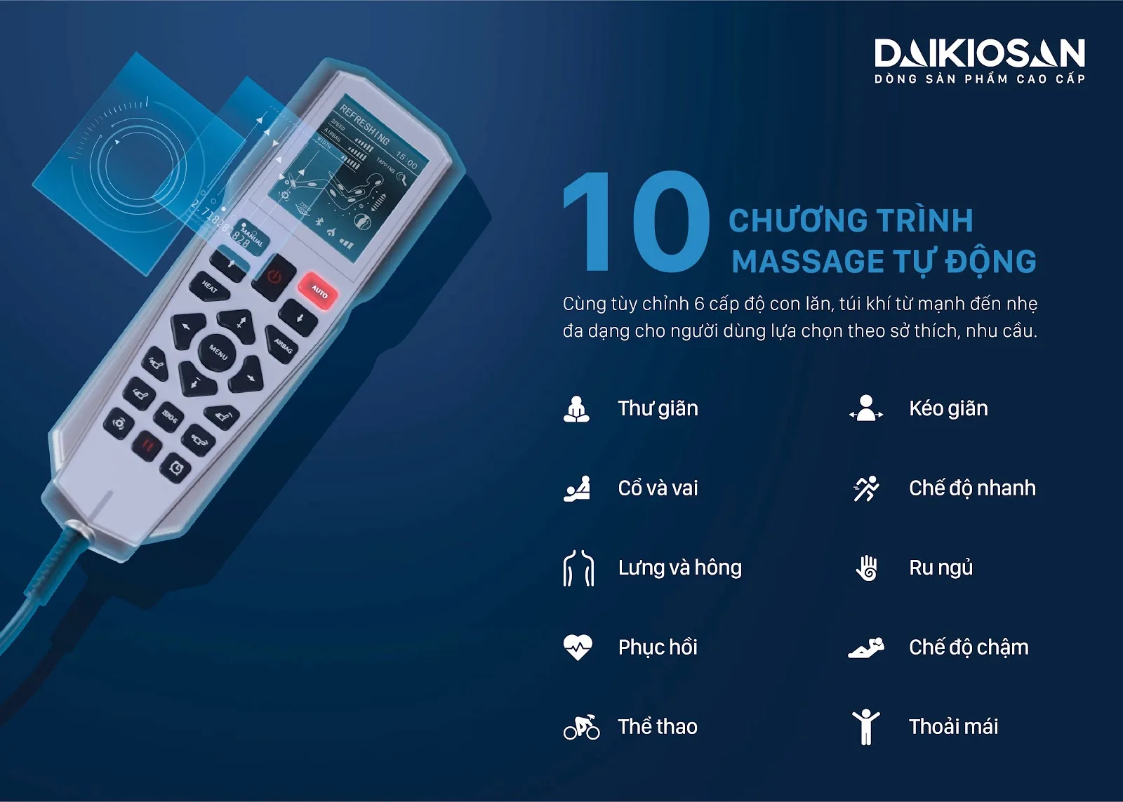 Ghế massage Daikiosan DVGM-20001 là sự lựa chọn hàng đầu cho sức khỏe, tổ hợp giữa trị liệu Đông Y truyền thống, công nghệ thông minh AI 4.0 và công nghệ massage 3D chuyên sâu. Bên cạnh đó, sản phẩm còn khẳng định vị thế thương gia với việc sử dụng chất liệu da cao cấp đặc biệt được sử dụng trong các siêu xe hạng sang, kết hợp với nhiều tính năng hiện đại.