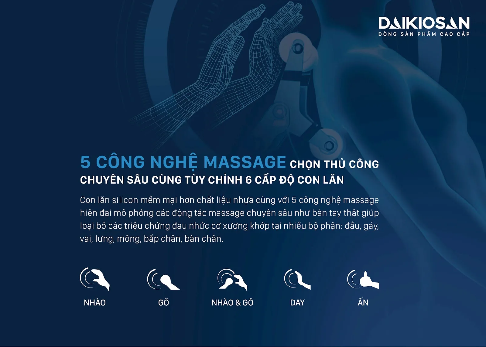 Ghế massage Daikiosan DVGM-20001 là sự lựa chọn hàng đầu cho sức khỏe, tổ hợp giữa trị liệu Đông Y truyền thống, công nghệ thông minh AI 4.0 và công nghệ massage 3D chuyên sâu. Bên cạnh đó, sản phẩm còn khẳng định vị thế thương gia với việc sử dụng chất liệu da cao cấp đặc biệt được sử dụng trong các siêu xe hạng sang, kết hợp với nhiều tính năng hiện đại.