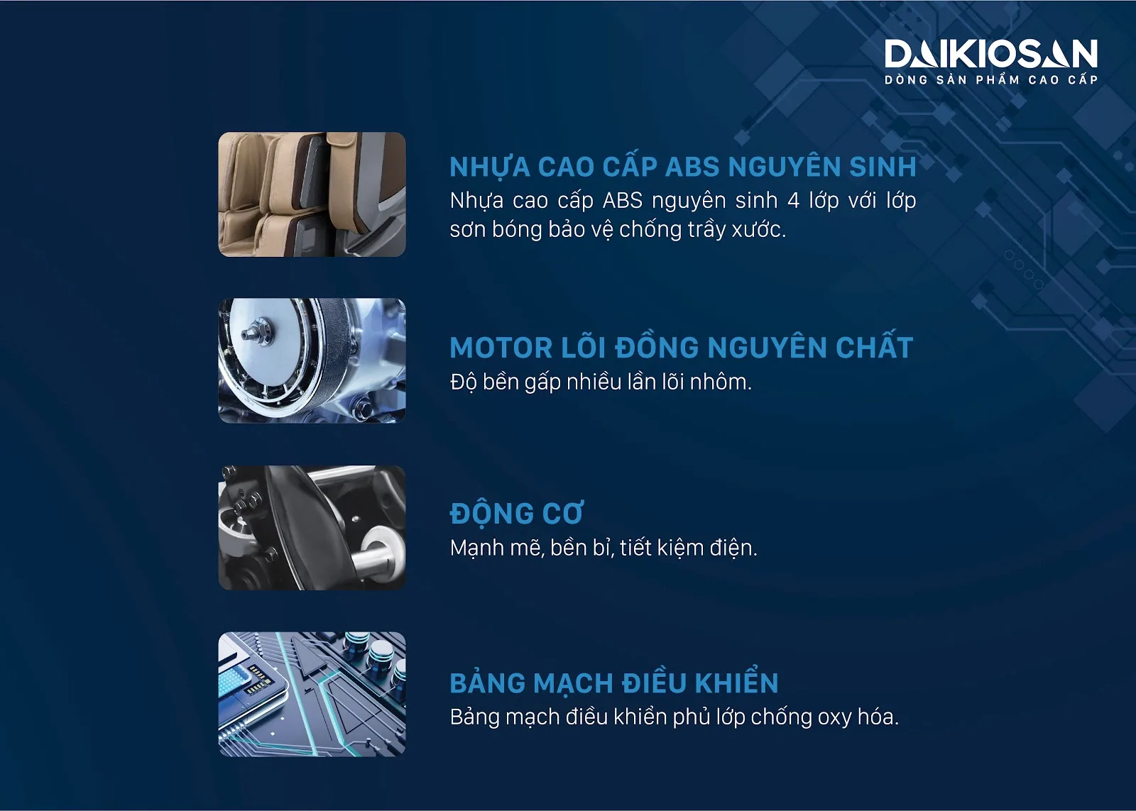 Ghế massage Daikiosan DVGM-20001 là sự lựa chọn hàng đầu cho sức khỏe, tổ hợp giữa trị liệu Đông Y truyền thống, công nghệ thông minh AI 4.0 và công nghệ massage 3D chuyên sâu. Bên cạnh đó, sản phẩm còn khẳng định vị thế thương gia với việc sử dụng chất liệu da cao cấp đặc biệt được sử dụng trong các siêu xe hạng sang, kết hợp với nhiều tính năng hiện đại.