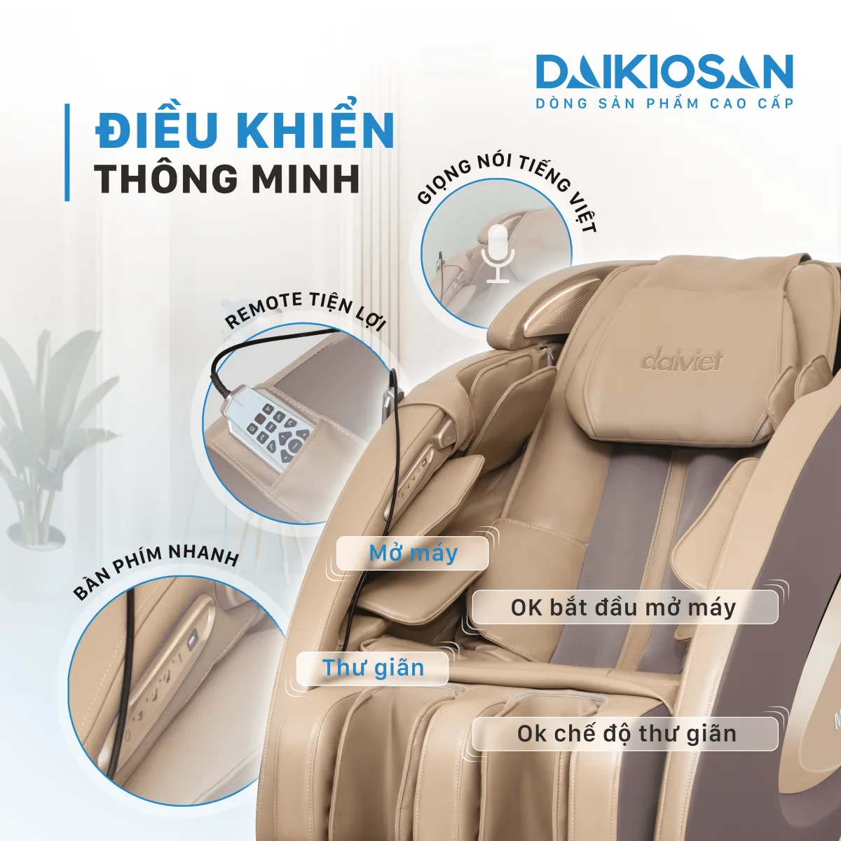 Ghế massage Daikiosan DVGM-20001 là sự lựa chọn hàng đầu cho sức khỏe, tổ hợp giữa trị liệu Đông Y truyền thống, công nghệ thông minh AI 4.0 và công nghệ massage 3D chuyên sâu. Bên cạnh đó, sản phẩm còn khẳng định vị thế thương gia với việc sử dụng chất liệu da cao cấp đặc biệt được sử dụng trong các siêu xe hạng sang, kết hợp với nhiều tính năng hiện đại.