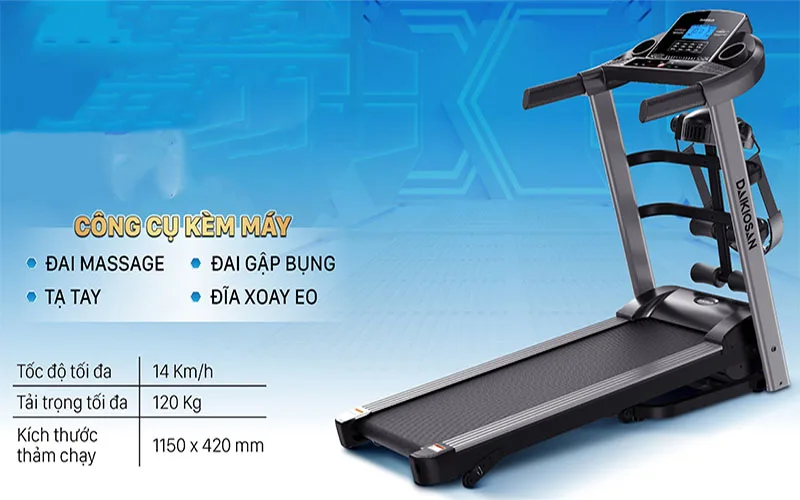 Nếu bạn đang tìm kiếm một dụng cụ đặc biệt để đốt cháy giai đoạn chạy bộ, thì không có gì tốt hơn máy chạy bộ đa năng Daikiosan DVCB-00006 - một lựa chọn hàng đầu nhờ công suất mạnh mẽ và tính năng nâng dốc 3 mức... với thiết kế ấn tượng và phong cách thể thao, nó sẽ mang lại động lực cho bạn tham gia tập luyện mỗi ngày.