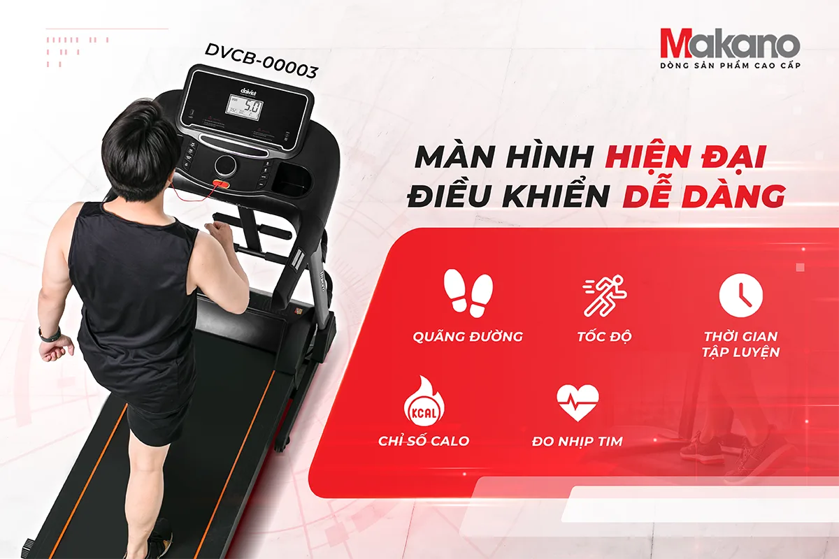 M&aacute;y chạy bộ Makano DVCB-00003 l&agrave; một sản phẩm vượt trội, với nhiều t&iacute;nh năng th&ocirc;ng minh v&agrave; hiện đại t&iacute;ch hợp. Đ&acirc;y l&agrave; b&iacute; quyết gi&uacute;p bạn cải thiện ngoại h&igrave;nh v&agrave; sức khỏe một c&aacute;ch to&agrave;n diện, mang đến cho bạn một v&oacute;c d&aacute;ng đẹp v&agrave; cơ thể khỏe mạnh, tr&agrave;n đầy năng lượng.